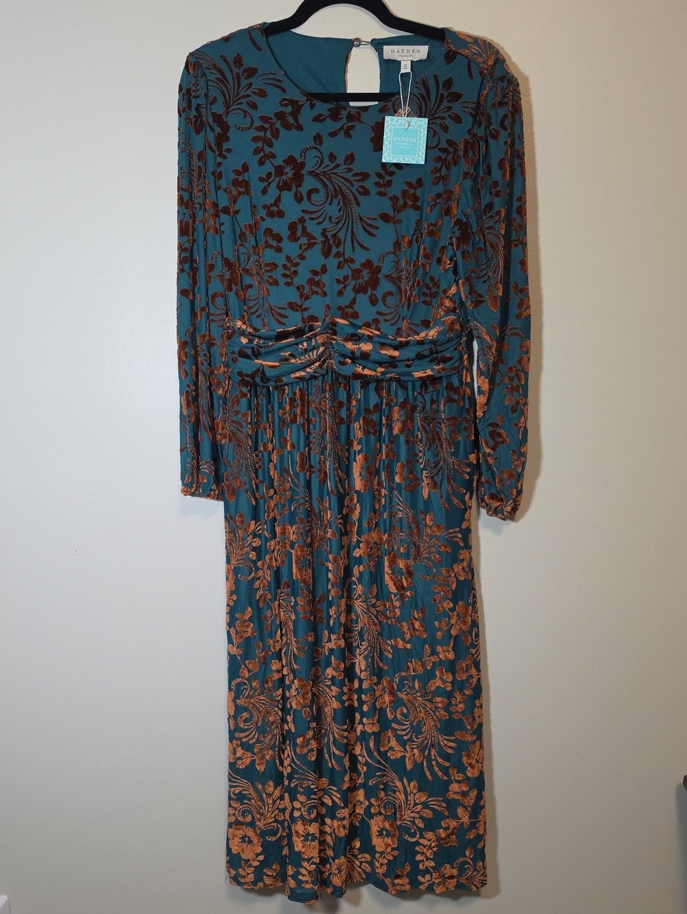 Hayden Teal and Copper Floral Long-Sleeve Maxi Dress - Elegant Gathered Waist